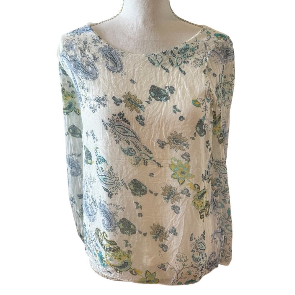 Silk Chiffon Paisley Print Long Sleeve Blouse Blue Floral Print S